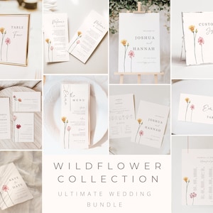May include: A collection of wedding stationery featuring a watercolor wildflower design. The set includes save the date cards, invitations, table numbers, menus, and a welcome sign. The design features delicate pink and yellow wildflowers on a white background.