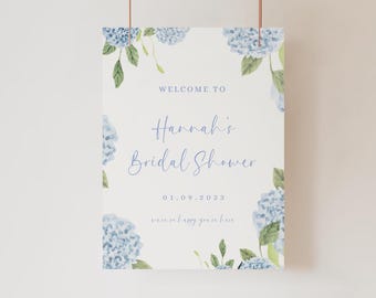 Blue Hydrangea Bridal Shower Welcome Sign Template (Digital Download)