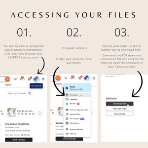 May include: A guide to accessing digital files on Etsy after purchase. The image shows screenshots of the Etsy website, with arrows and text explaining how to find and download files from a desktop account. Instructions are included.