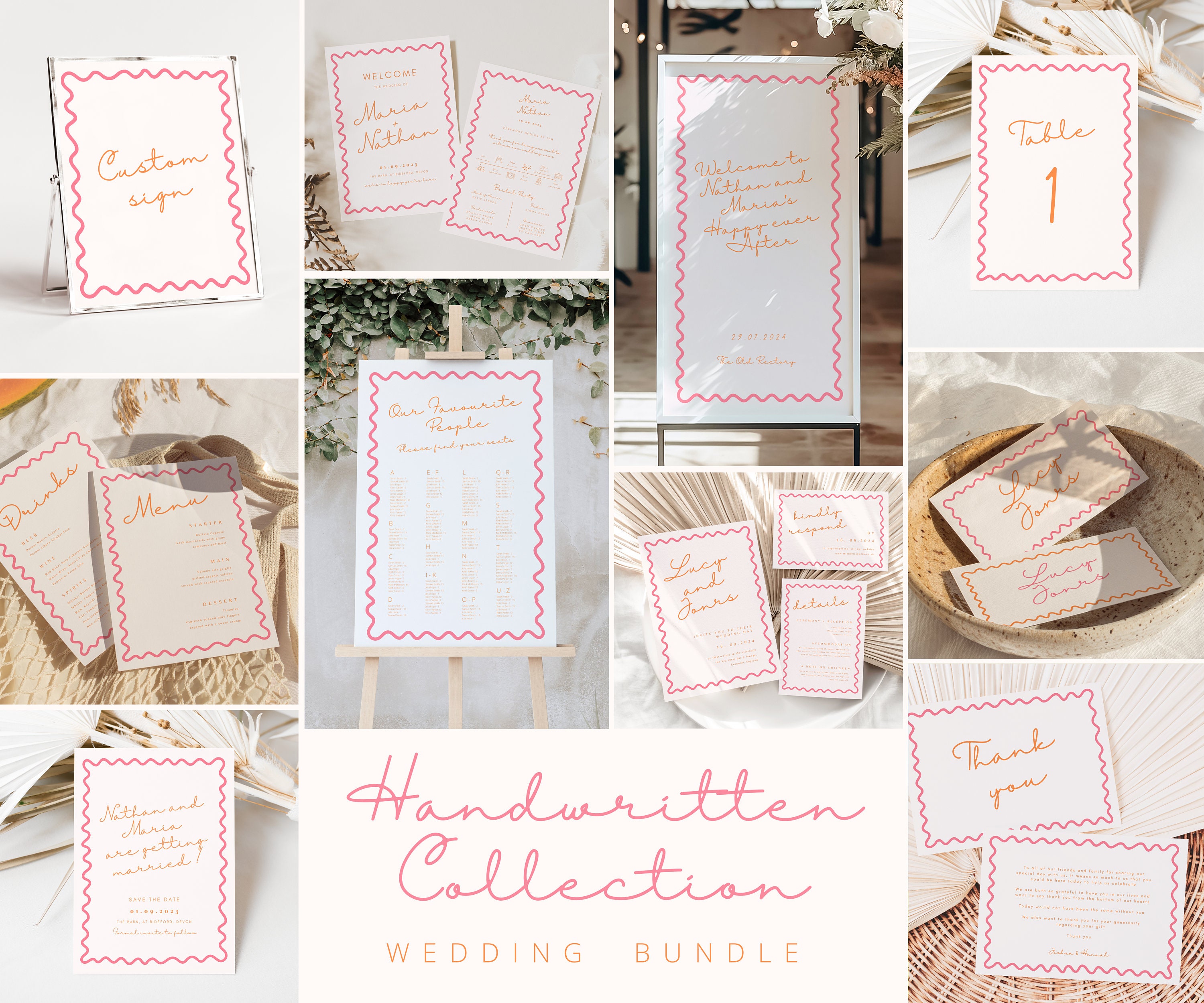 Handwritten wedding reception bundle Canva Whimsical wedding bundle wavy wedding bundle hand drawn wedding signage bundle wedding stationary