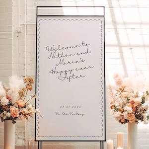 Whimsical hand drawn welcome sign wavy wedding welcome sign wavy border welcome sign wavy welcome wedding sign scalloped edge sign template