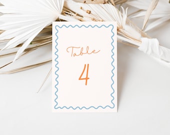 Fun wavy border table number colourful wedding table number template download handwritten table sign whimsical wedding blue and orange