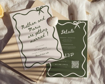 wavy border wedding invite template pink and green double sided scribble illustrated invitation wedding template handwritten invitation