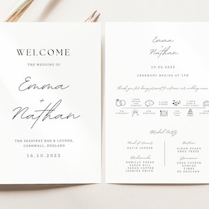 May include: A wedding invitation with a white background and black text. The invitation includes the names Emma and Nathan, the date 29.06.2023, and the time 1 PM. The invitation also includes a timeline of events for the wedding day, including the ceremony, drinks and canapés, dinner, speeches, party time, cake and first dance, and carriages.