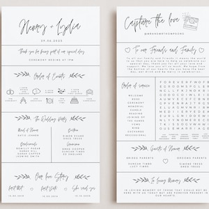 Könnte beinhalten: Eine Karte mit der Reihenfolge der Ereignisse und Informationen zur Hochzeitsfeier in Schwarzweiß. Die Karte zeigt ein florales Design mit dem Text "Nenay + Lydia" und "Capture the love" mit einer Kamera-Grafik. Die Karte enthält auch eine Reihenfolge der Hochzeitszeremonie, eine Liste der Hochzeitsgesellschaft und einen Zeitplan der Liebesgeschichte des Paares.