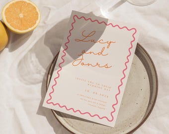 Wavy Border Wedding Invitation Template, Colorful RSVP (Canva)
