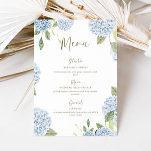 Modèle de menu de mariage hortensia bleu menu floral en téléchargement numérique Canva personnalisable printemps été événement garden-party élégant menu dîner