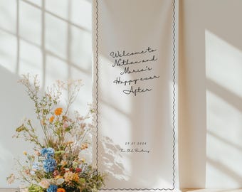 Wavy wedding welcome sign, whimsical hand drawn scalloped edge decor, customizable sign template for wedding reception or event