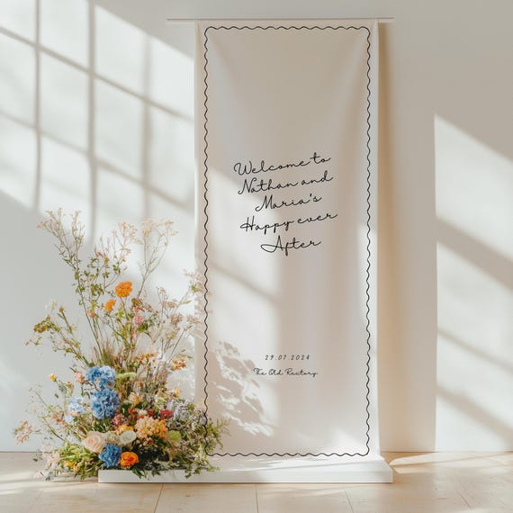 Wavy wedding welcome sign, whimsical hand drawn scalloped edge decor, customizable sign template for wedding reception or event