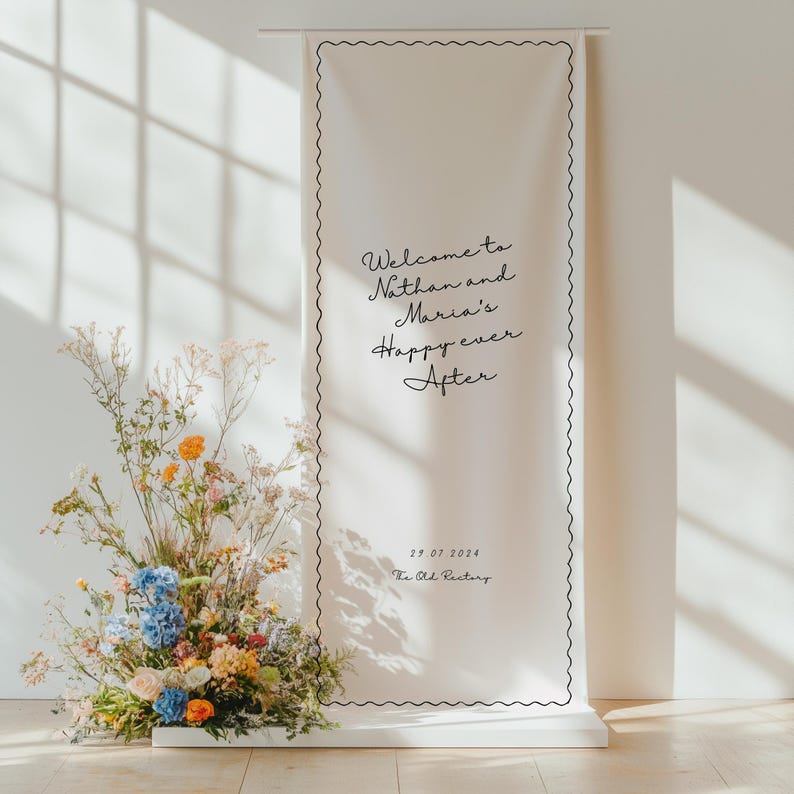 Wavy wedding welcome sign, whimsical hand drawn scalloped edge decor, customizable sign template for wedding reception or event