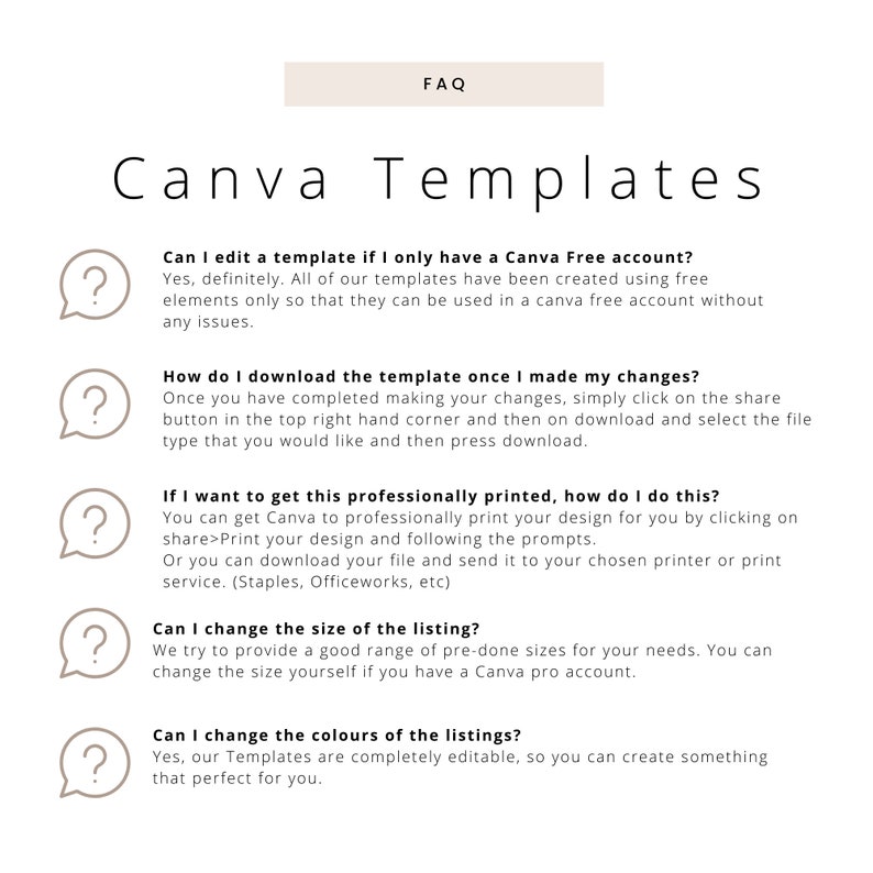 May include: A digital document titled "FAQ Canva Templates" with questions and answers about using Canva templates. The questions cover editing, downloading, printing, and customizing templates. The text is in a clean, modern font on a white background.