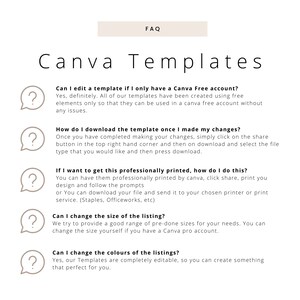 May include: A light brown question mark icon with a white outline and a white question mark inside. The text below the icon reads "Can I edit a template if I only have a Canva Free account? Yes, definitely. All of our templates have been created using free elements only so that they can be used in a Canva free account without any issues."