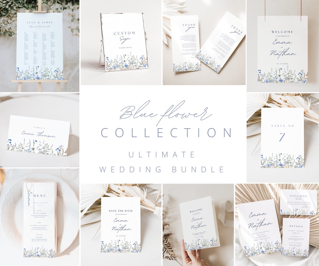 Blu Design Dusty Blue Floral Wedding Template Bundle Pastel Wildflower Meadow ...