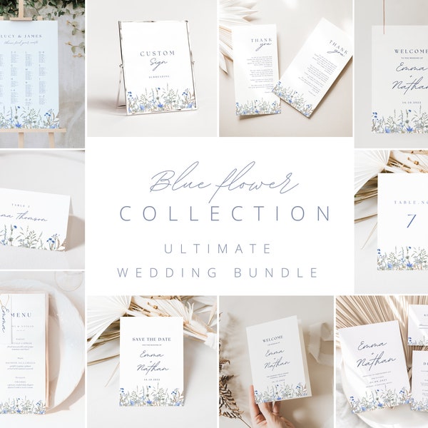 Wedding signs Bundle dusty blue Template Wedding reception Bundle Canva floral wedding stationery bundle spring flower bundle dusty blue