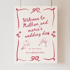 Plantilla de cartel de bienvenida de boda escrito a mano, diseño de garabatos caprichosos, póster de entrada divertido con borde ondulado, diseño de Canva imprimible a mano.