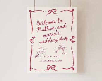 Handwritten welcome sign template whimsical scribble illustration welcome wedding sign wavy border fun wedding template hand drawn