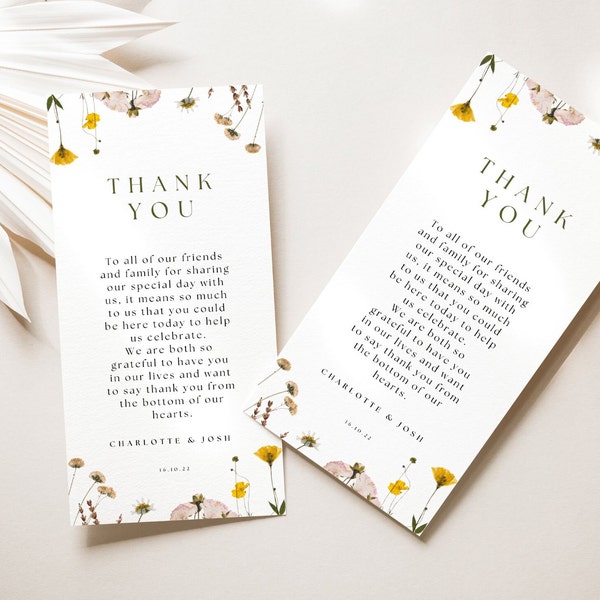 Wildflower Thank You Place Card  Printable Thank You Place Setting Thank You Thank You Napkin Note Canva Wedding Table Note