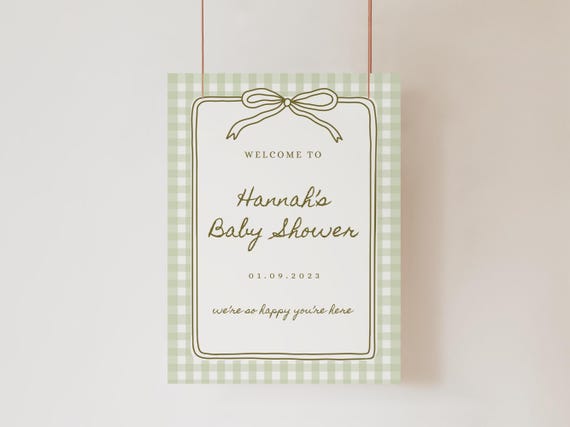 Sage Green Gingham Baby Shower Welcome Sign Green Plaid Welcome Sign Baby Shower Green Bow Baby Shower Welcome Sign Template Printable