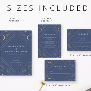 Kits d'invitations de mariage bleu marine Blue Wedding Printable Invite marine et or céleste Lune modèle d'invitation de mariage ciel de minuit image 6