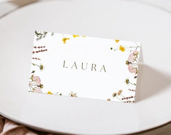 Tarjeta de nombre de flores silvestres plantilla de boda tarjeta de nombre de mesa de flores silvestres tarjetas de lugar florales imprimibles tarjeta de asiento de mesa de flores de primavera flor prensada