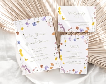 Wildflower Wedding Invitation Set, Watercolor Floral (Canva Template)