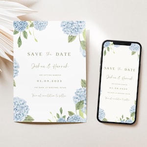 May include: A save the date card with blue hydrangea flowers and green leaves. The text reads "Save the Date Joshua & Hannah Are Getting Married 01.09.2023 The Barn at Sidford, Devon Formal invitation to follow".