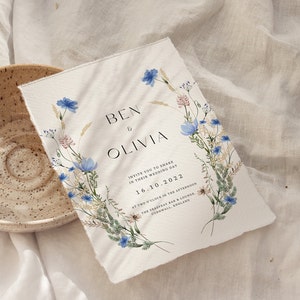 Dusty blue wedding invitation template suite | floral boho wedding invite | RSVP and details Canva templates | wildflower wedding set