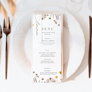 Modèle de menu de réception de mariage de menu de fleurs sauvages Menu de mariage floral Menu de fleurs pressées Modèle de carte de menu de mariage de menu de fleurs sauvages