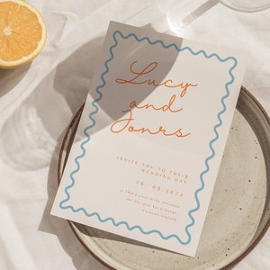 Fun whimsical wedding invite wavy border wedding invitation colourful wedding invitation template download handwritten invite Canva