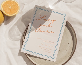 Colourful hand drawn invitation set fun civil wedding invite Canva template blue orange wavy customisable stationery suite digital download