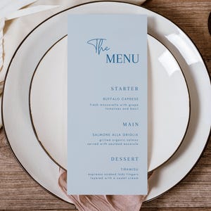 Modelo de menu de casamento para impressão Canva Menu de recepção de casamento azul Download digital Modelo de cartão de menu de jantar Download instantâneo Menu de casamento