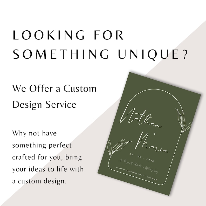 May include: A green wedding invitation with a white arch and the names "Nathan + Maria" in cursive script. The date "29.06.2024" is also included. The text "Let your heart, shout, on Wedding Day" is written below the names.