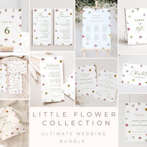 Peut inclure: Un ensemble de papeterie de mariage imprimable avec un motif floral dans un camaïeu de rose clair, jaune et vert. L'ensemble comprend une pancarte de bienvenue, une carte de numéro de table, une carte de sauvegarde de la date, et plus encore. Le texte sur les cartes indique "Bienvenue & Merci", "Numéro de table 6", "Sauvegarder la date", "Cartes & Cadeaux", "Joshua Smith & Hannah Bowen", et "Charlotte Thompson".