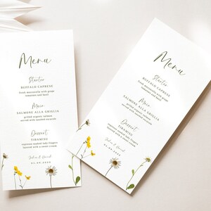 Plantilla de menú de boda Plantilla de menú de flores prensadas finas Plantilla de menú de flores silvestres Plantilla de menú de recepción de boda Menú de boda floral Menú de flores silvestres