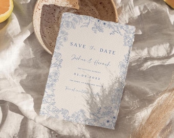 Blue Toile Save the Date Template, French Country Wedding (Canva Template)