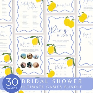 May include: A set of printable bridal shower games, each with a white background and a light blue border. Lemon illustrations decorate the pages. Games include "Celebrity Couples" and "Ring Hunt". The bundle is labelled "30 Bridal Shower Games Ultimate Games Bundle".