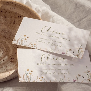 Plantilla de boletos para bebidas de boda, boletos para bebidas de boda, cupón de bebida gratis imprimible, plantilla de boda, plantilla de ficha de bebida floral