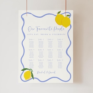 May include: A wedding seating plan with a lemon theme. The white background has a blue wavy border and lemon illustrations. The text reads "Our Favourite People, Lets Eat, Drink & Celebrate" with guest names listed under table numbers.