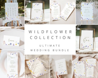Paquete de señalización floral para bodas, paquete de letreros para bodas, paquete de plantillas para bodas con flores silvestres de primavera coloridas, letreros para recepción de bodas de primavera, paquete floral