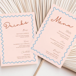 Modèle de menu ondulé gribouillis dessinés à la main Menu de mariage coloré menu et marque-places menu d'été lunatique Italie menu imprimable