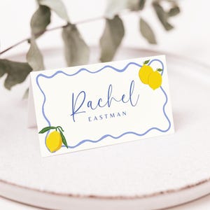 Tarjetas de lugar para despedida de soltera con temática de limón, tarjetas de lugar para mesa con temática mediterránea, tarjetas de nombre para despedida de soltera con temática cítrica, plantilla de Canva