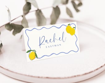 Lemon Bridal Shower Place Cards, Mediterranean Citrus Name Tags, Summer Amalfi Coast Seating placement Template, Printable Table Signage