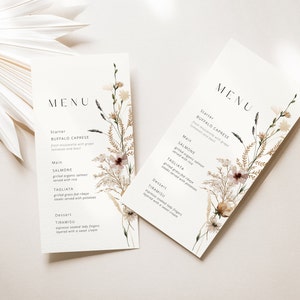 Plantilla de menú de boda con flores silvestres, tarjeta de menú de boda, tarjeta de menú de flores silvestres, tarjeta de menú floral, plantilla de menú floral, lienzo impreso, flores de jardín