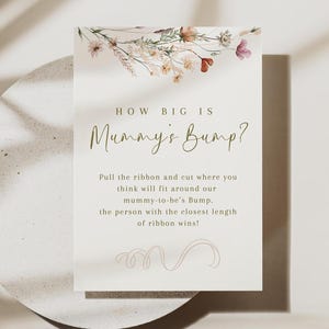 ¿Qué tan grande es la barriga de mamá? Tarjeta de juego para medir la barriga del bebé Juego para baby shower Juego para adivinar el tamaño de la barriga del bebé Plantilla de Canva para imprimir