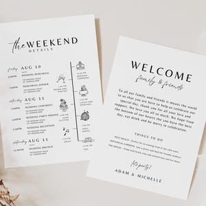 Itinéraire de mariage à destination, lettre de bienvenue et chronologie de mariage à imprimer, sac de bienvenue à l'hôtel, carte, itinéraire de mariage et mot de remerciement