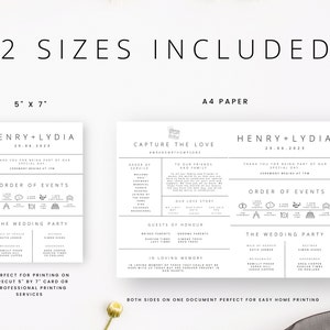 May include: A printable wedding ceremony order of events template in two sizes: 5x7 inches and A4 paper. The template features a minimalist design with black text and icons on a white background. The text includes the names "Henry + Lydia" and the date "29.06.2023".