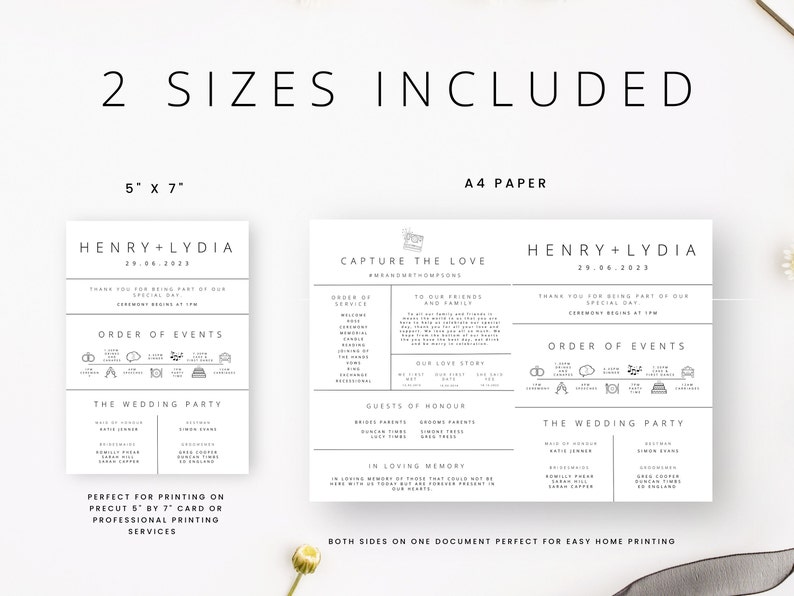 May include: A printable wedding ceremony order of events template in two sizes: 5x7 inches and A4 paper. The template features a minimalist design with black text and icons on a white background. The text includes the names "Henry + Lydia" and the date "29.06.2023".