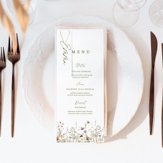 Wildflower menu wedding reception menu template floral wedding menu pressed flower menu wildflower menu wedding menu card template