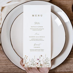 Modelo de menu de recepção de casamento com menu de flores silvestres, menu de casamento com flores prensadas, menu de flores silvestres, modelo de cartão de menu de casamento imagem 4