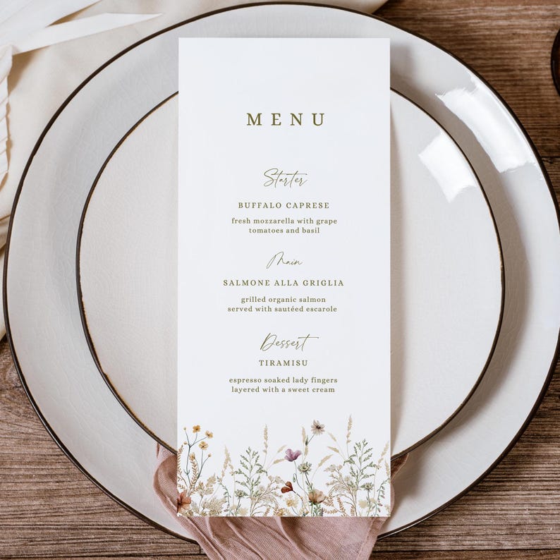 Modelo de menu de recepção de casamento com menu de flores silvestres, menu de casamento com flores prensadas, menu de flores silvestres, modelo de cartão de menu de casamento imagem 4